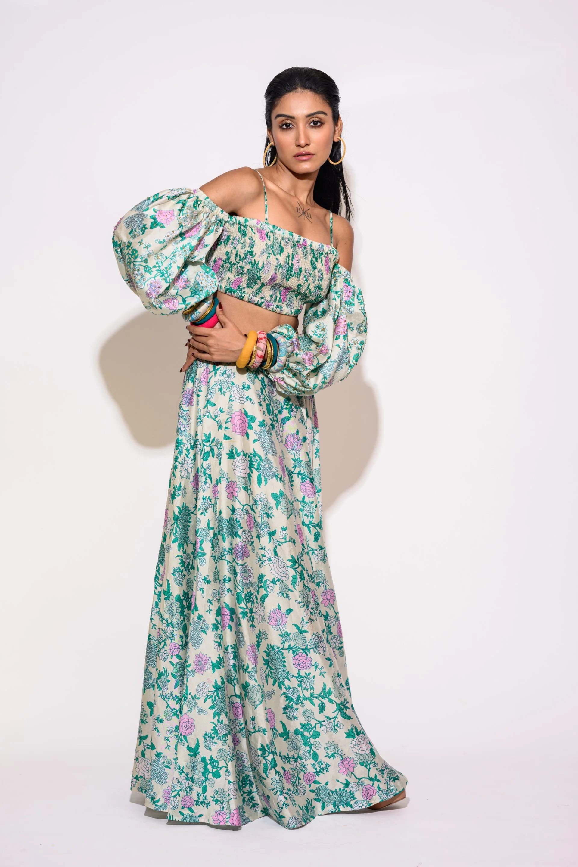 Light Green Cold Shoulder Blouse, Skirt Set - Image 3