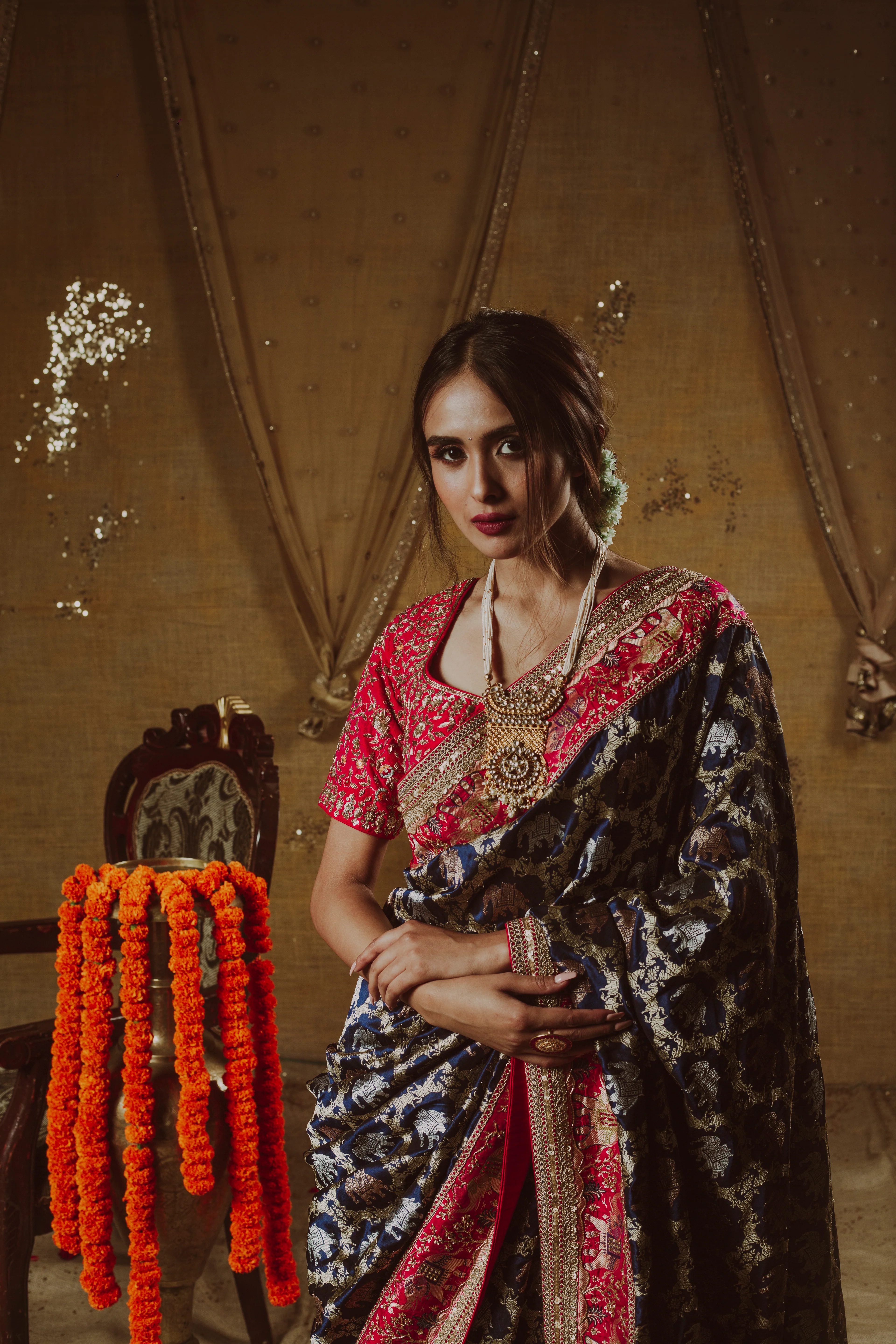 Navy Nightfall Banarasi Saree - Image 3