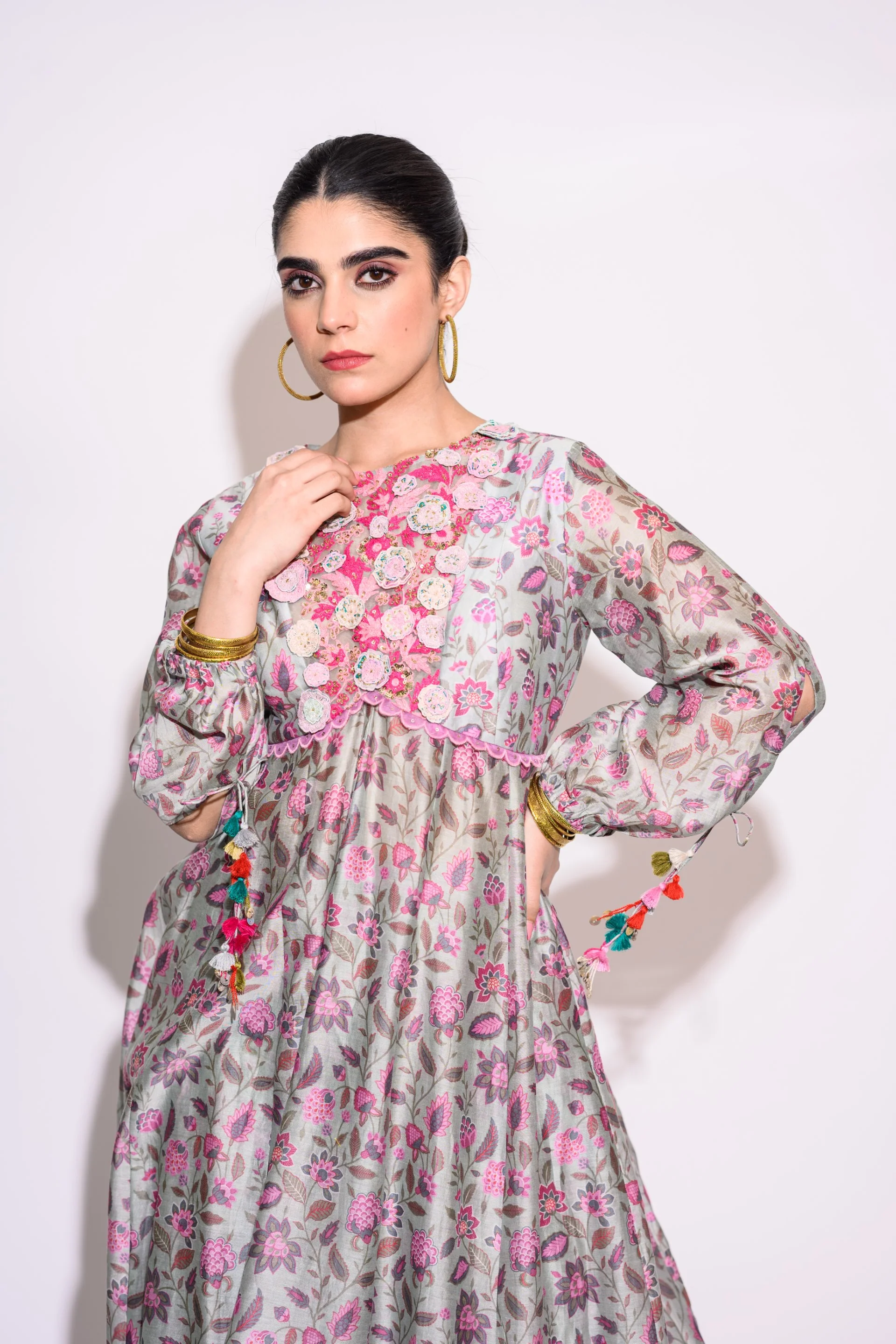 Printed Dark Grey Silk Kurti - Image 3