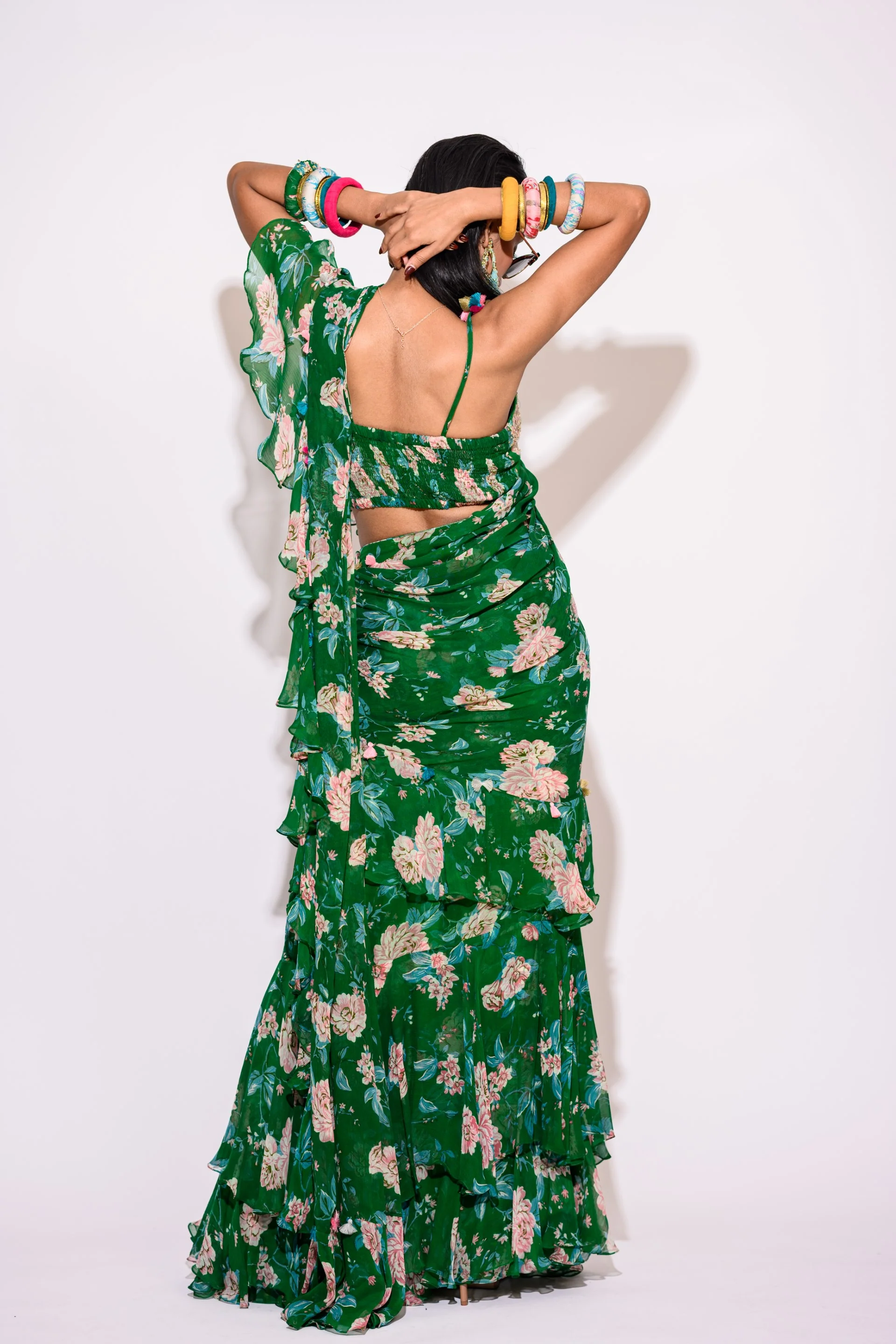 Printed Green Draped Saree - Image 3