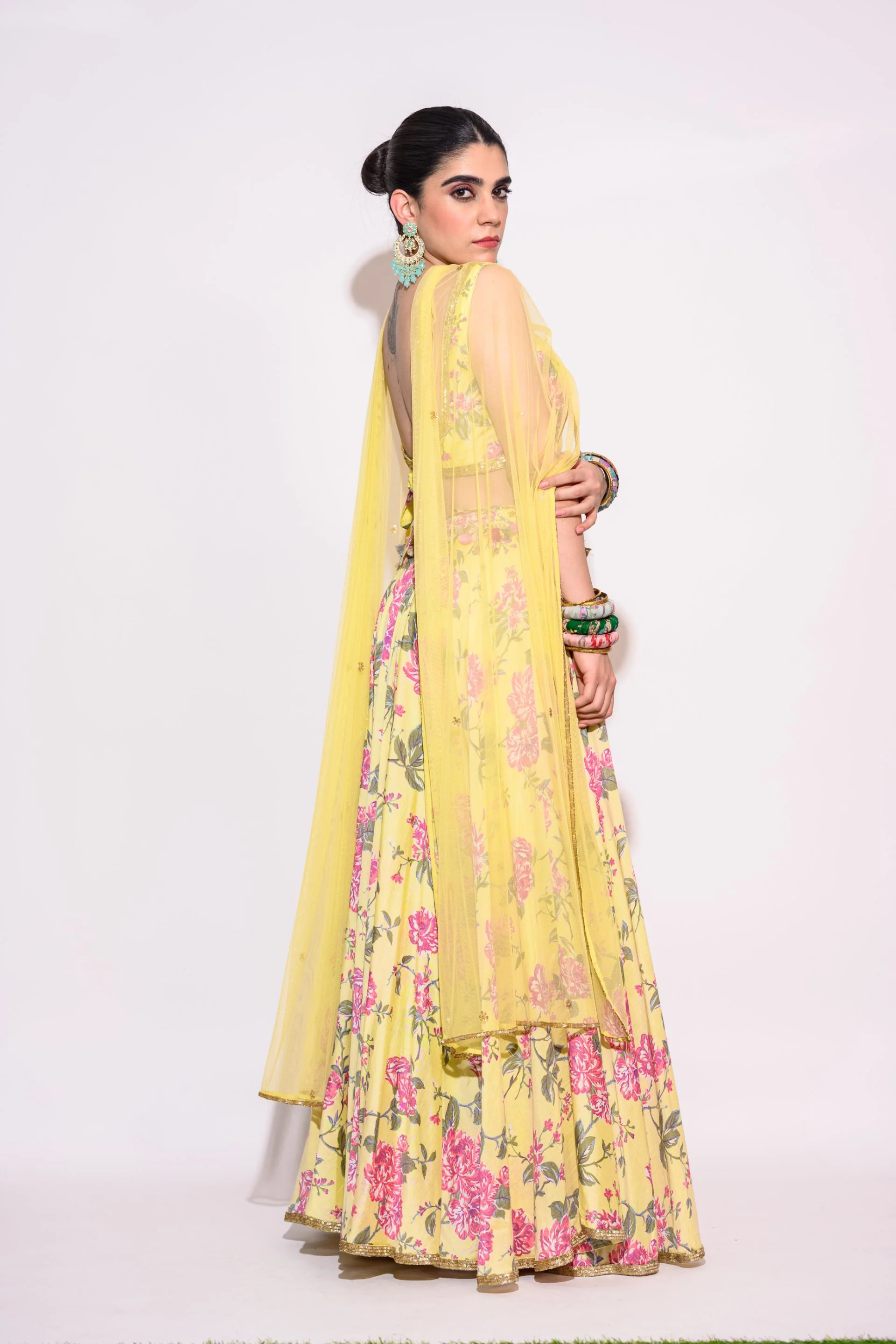 Yellow Printed Lehenga with Net dupatta - Image 3